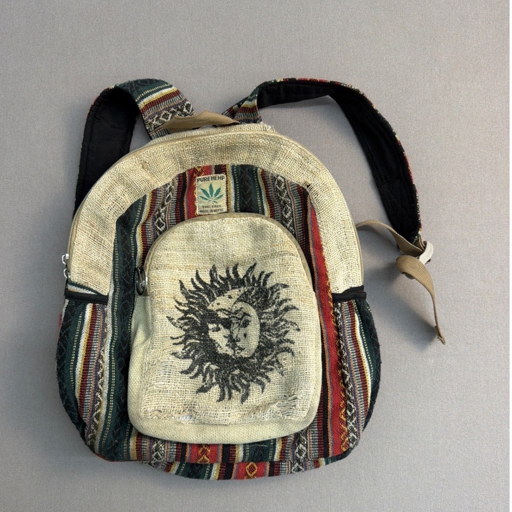 Pure Hemp Mini Backpack Sun Face Baja Stripe Woven Boho Bag Handmade Nepal